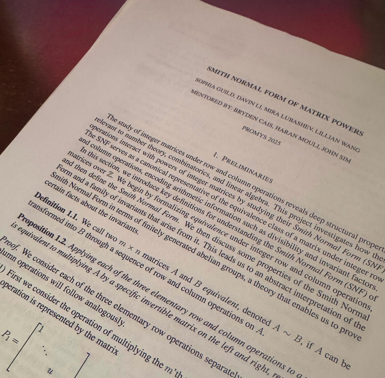 Smith Normal Form of Matrix Powers In this research paper, Guild, Li, Wang, and Lubashev work to prove the periodicity of powers of matrices in Smith Normal Form.